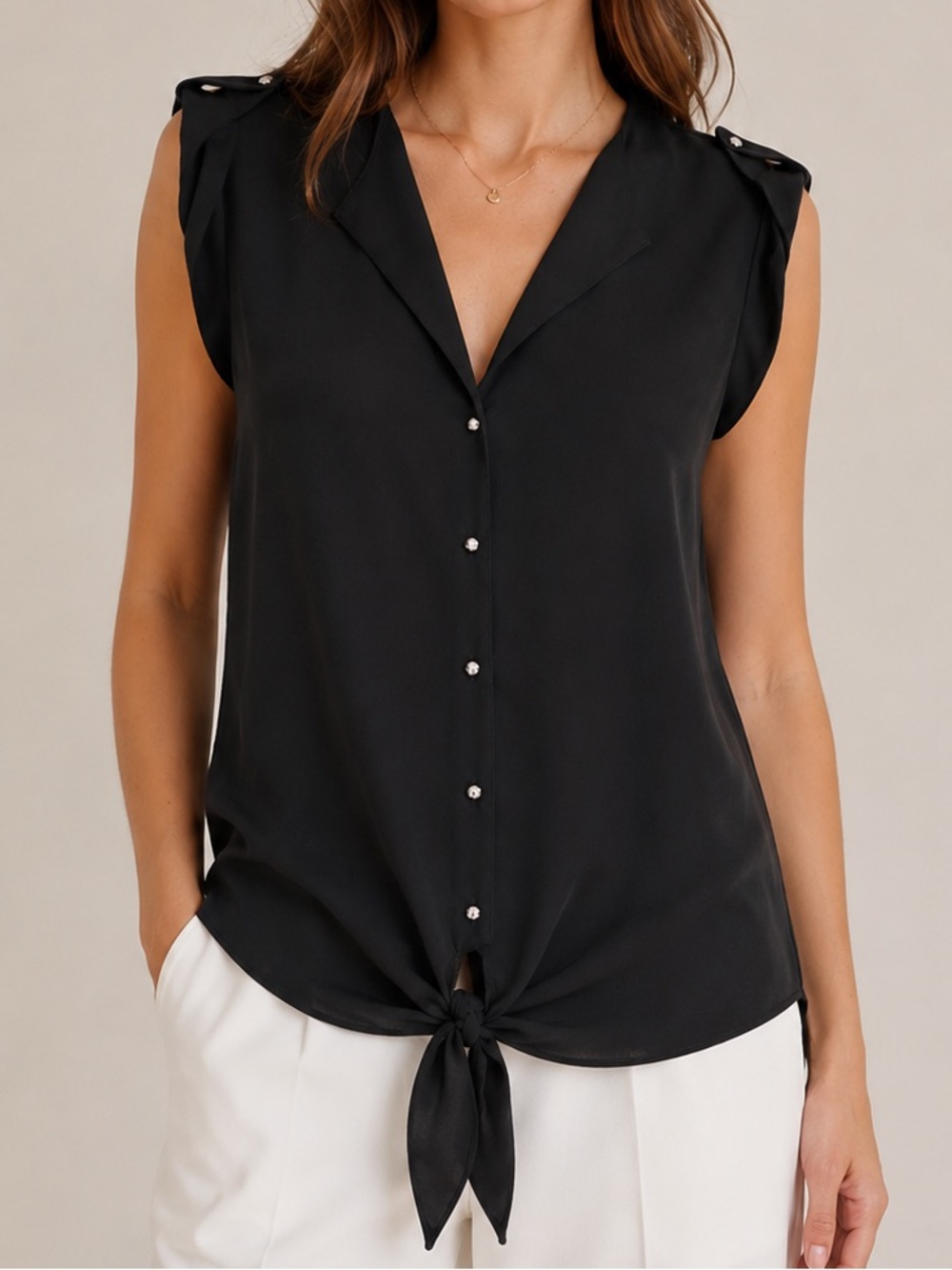 August Silk Black Sleeveless Tie-Front Blouse – Size Medium